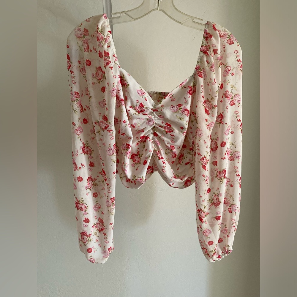 Peach Long sleeve White poofy sleeve crop top w/ pink floral pattern